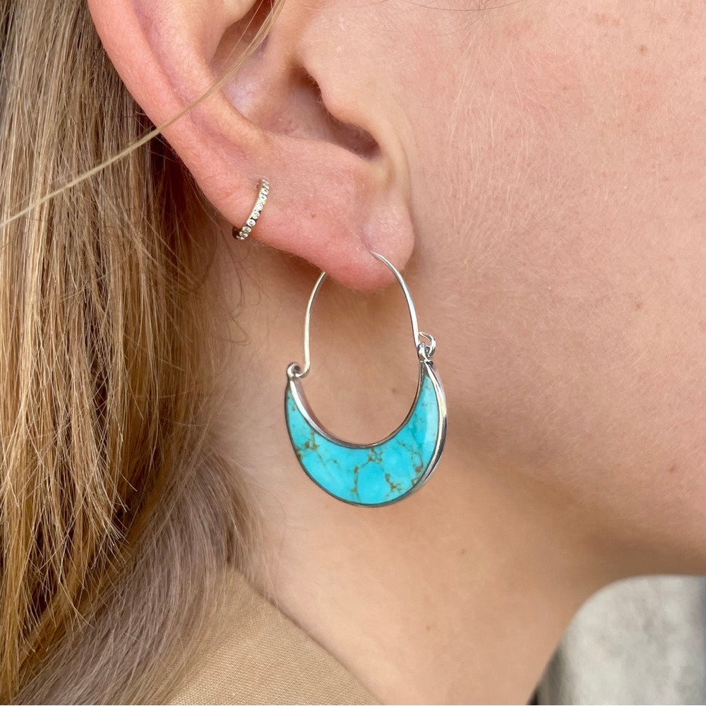 Turquoise & Sterling Silver Crescent Hoop Earrings 🌙🩵